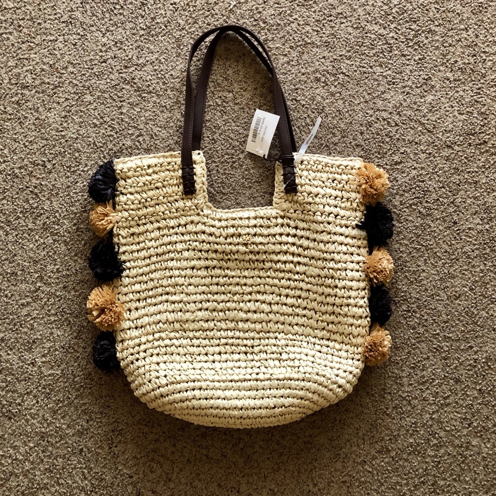NWT Large Capelli Straw Bag With Pom Poms and Faux Leather Straps